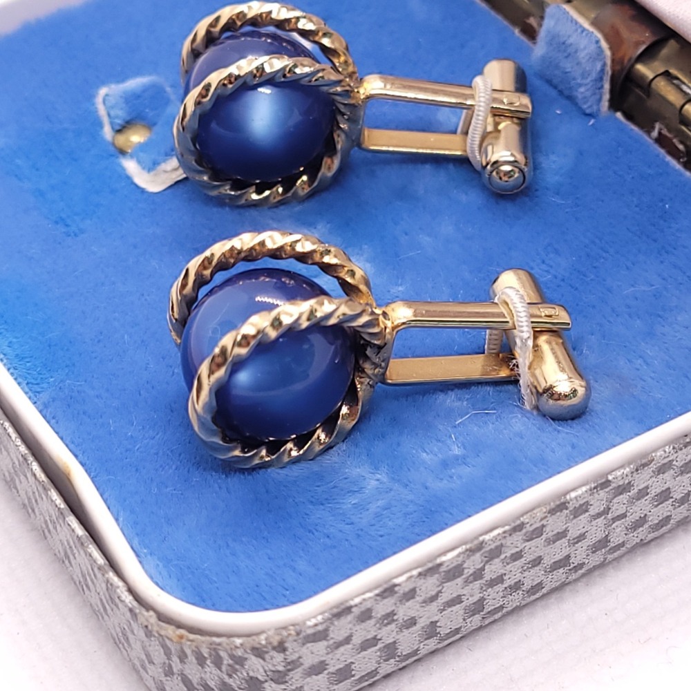 Vintage Envoy Blue Cabochon Cufflinks Gold Tone Twisted Rope Original Box